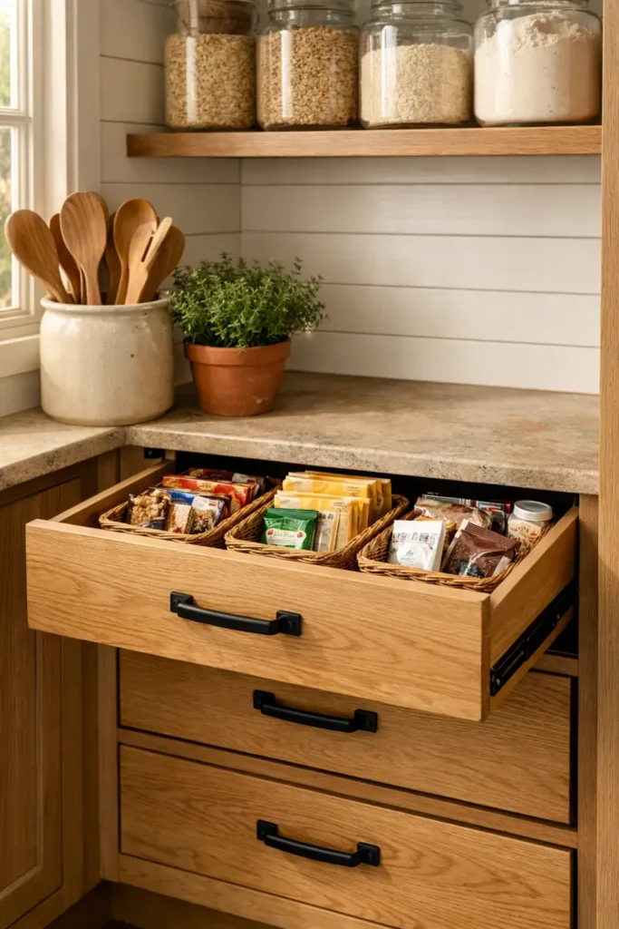 13 Farmhouse Pantry Organization Ideas for a Charming Kitchen 9 farmhouse pantry with pull-out drawers organizing snacks and pantry goods