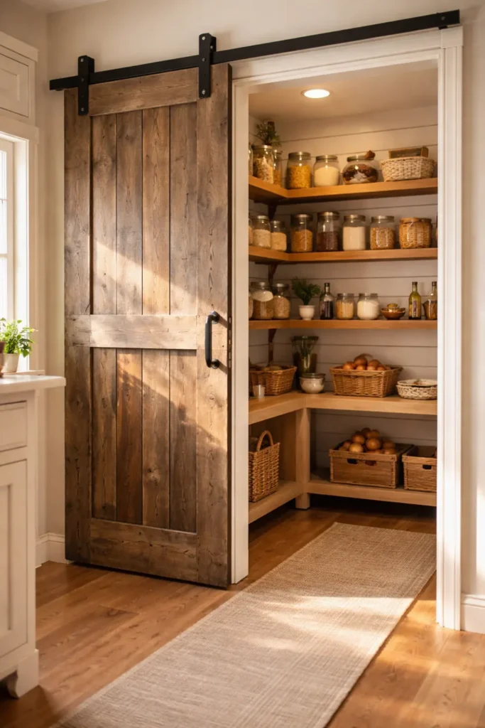 13 Farmhouse Pantry Organization Ideas for a Charming Kitchen 5 farmhouse pantry with sliding barn door and rustic shelving organization