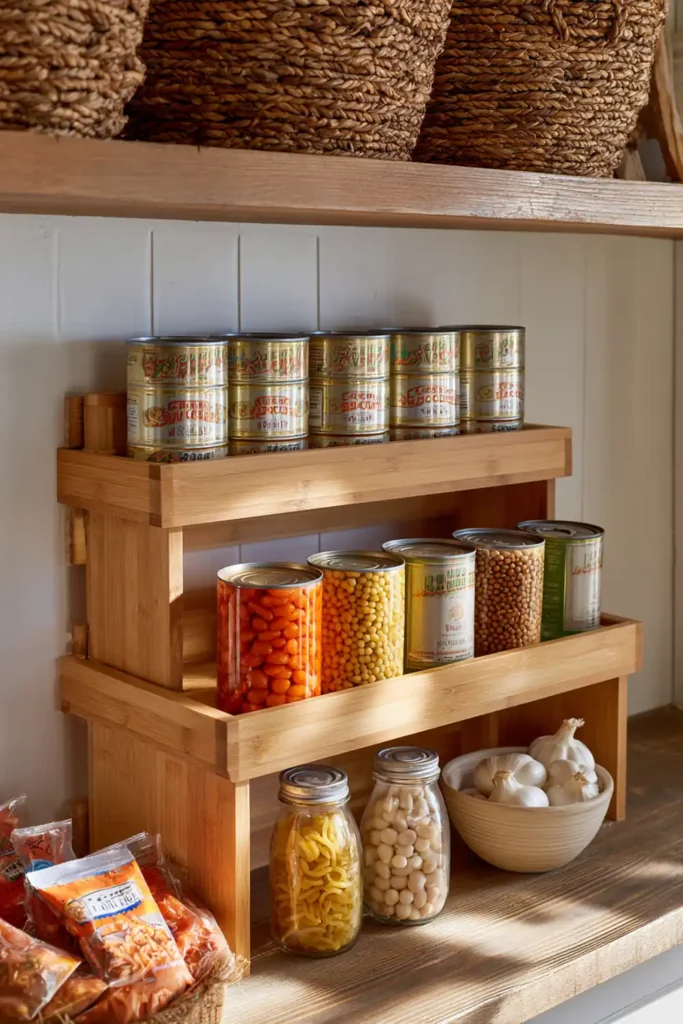 13 Farmhouse Pantry Organization Ideas for a Charming Kitchen 8 farmhouse pantry organization with tiered shelf riser for canned goods