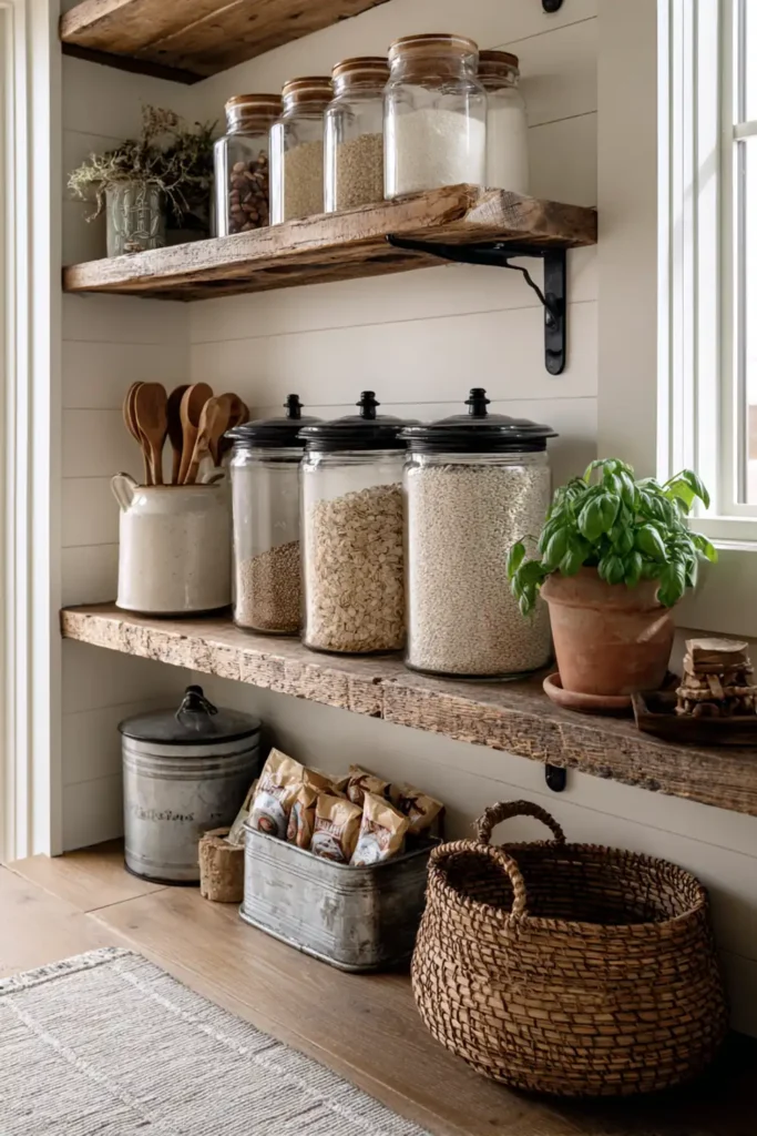 13 Farmhouse Pantry Organization Ideas for a Charming Kitchen 14 farmhouse pantry mixing vintage enamel containers with modern glass jars