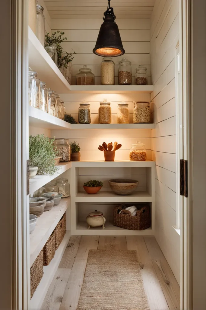 13 Farmhouse Pantry Organization Ideas for a Charming Kitchen 13 farmhouse pantry with warm pendant lighting and organized wooden shelves
