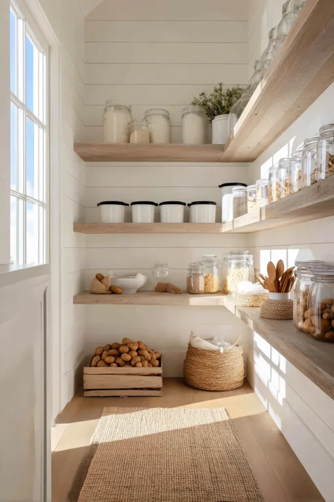 13 Farmhouse Pantry Organization Ideas for a Charming Kitchen 7 farmhouse pantry with white shiplap walls and wooden shelves organization