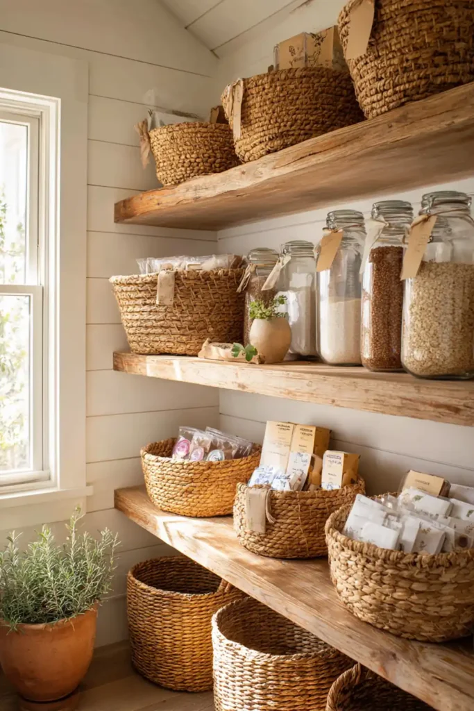 13 Farmhouse Pantry Organization Ideas for a Charming Kitchen 4 farmhouse pantry organization with woven baskets for snack and pantry storage