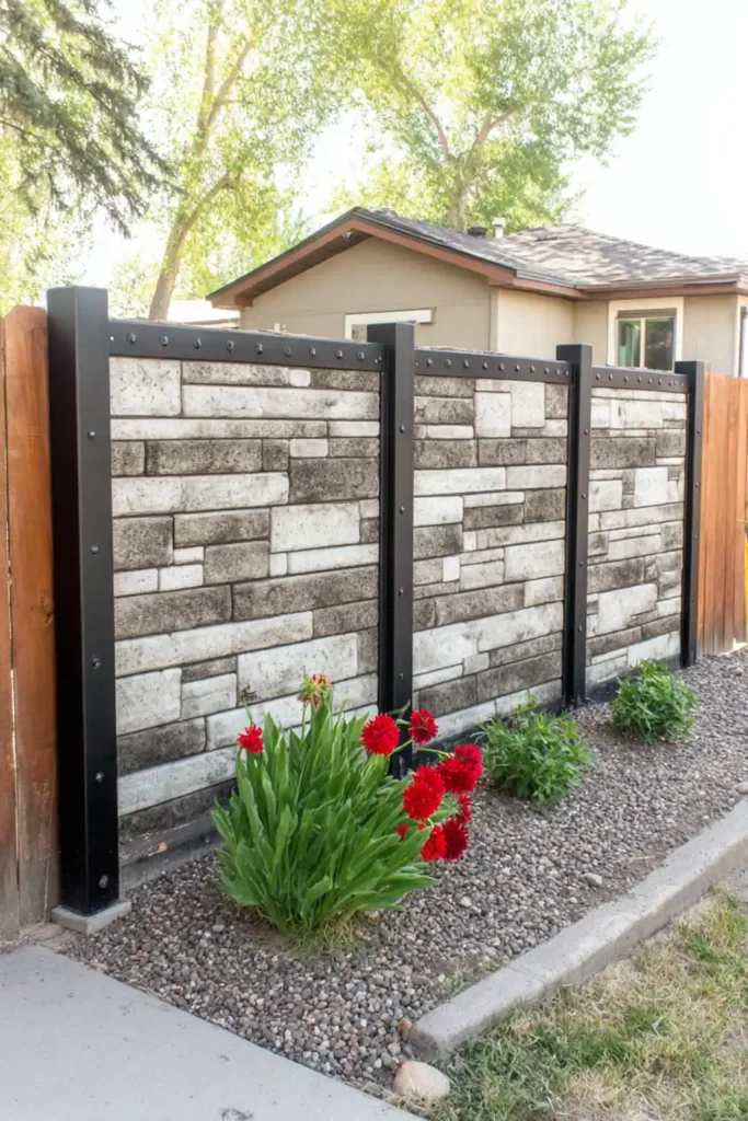33 Privacy Fence Ideas That Make Your Yard Feel More Peaceful 29 Modern faux stone privacy fence panels with stacked stone texture in a backyard setting