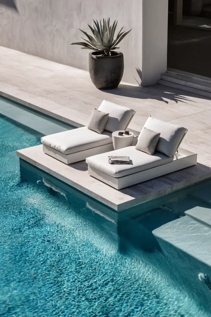 Stunning Backyard Pool Lounge Decor Ideas 10 Modern floating-style backyard pool lounge decor with chaise loungers placed beside water