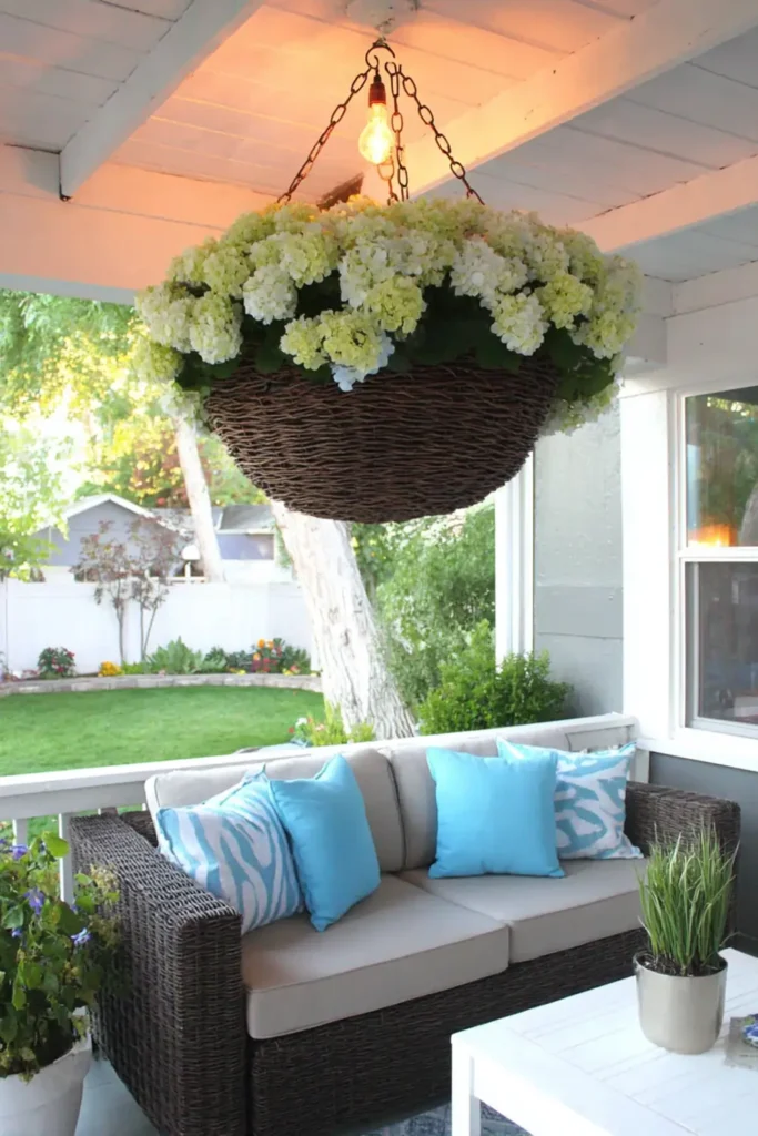 Creative Patio and Porch Decorations to Make Your Outdoor Space Feel Like Home 6 hanging flower basket chandelier with soft lighting on porch