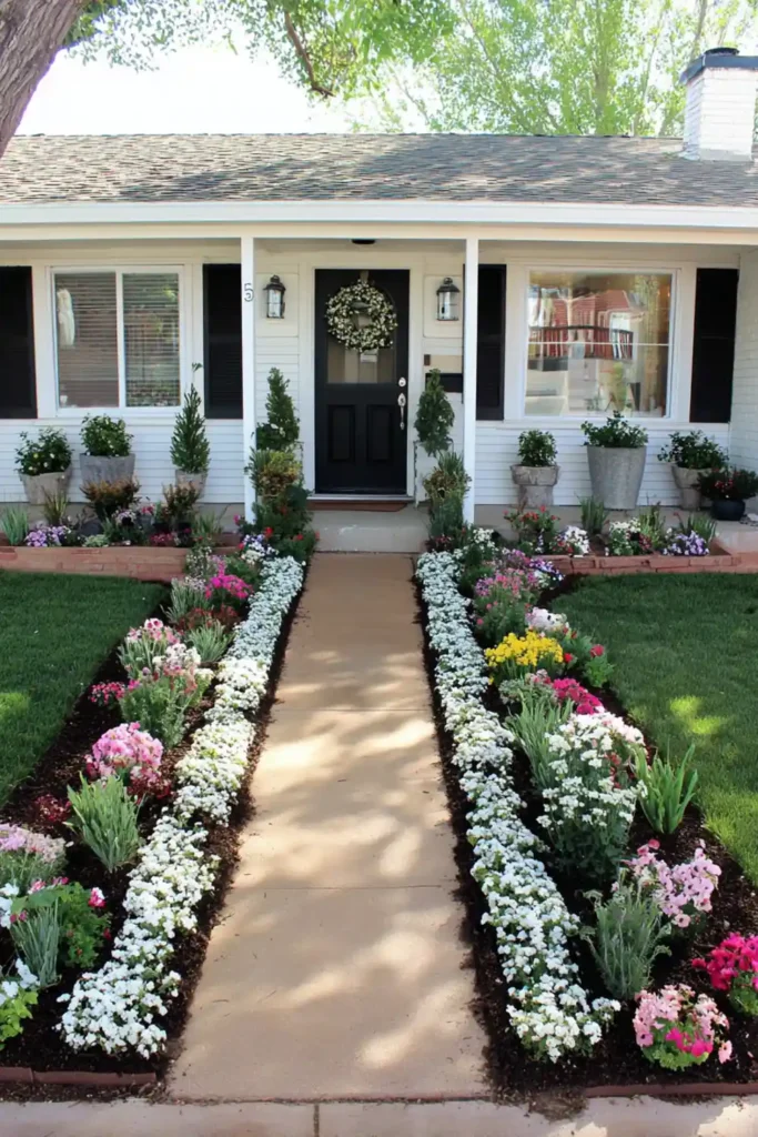 walkway lined with vibrant flowers in a modest front yard