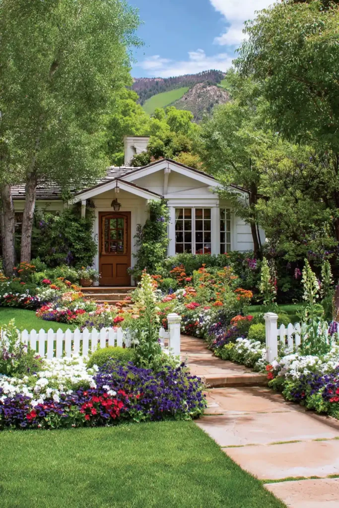 front yard entry garden with colorful flowers and a white picket fence