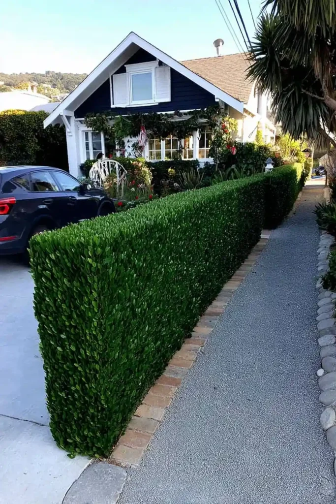 33 Privacy Fence Ideas That Make Your Yard Feel More Peaceful 8 Manicured boxwood hedge forming a formal privacy fence along a garden path