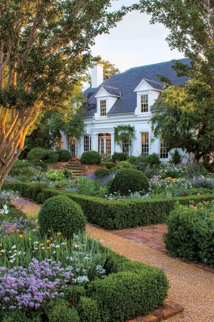 symmetrical parterre garden with boxwood hedges and gravel paths