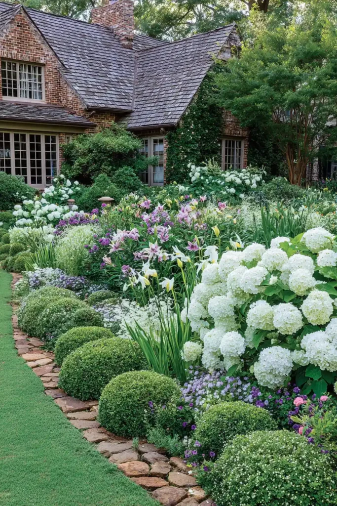 flowerbed with mixed seasonal plants creating year-round garden color