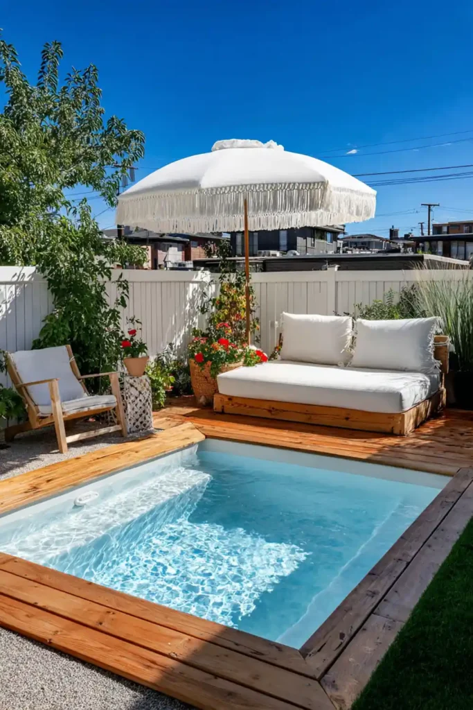 White fringe umbrella providing shade on a wooden pool deck