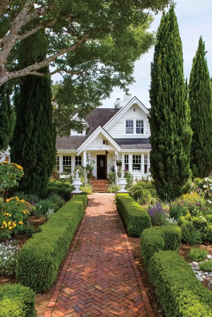 home entrance framed by evergreen hedges and structured landscaping