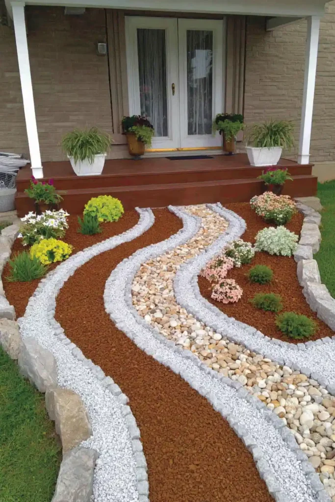Front porch garden with curved mulch and pebble sections creating a natural flow