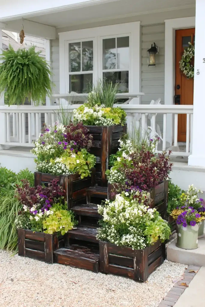 simple wooden bench under a tree in a cozy front yard