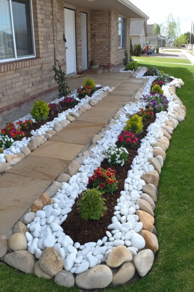 Small front yard garden with flowers and pebble ground cover near a home entrance