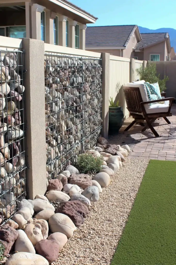 33 Privacy Fence Ideas That Make Your Yard Feel More Peaceful 14 Gabion stone wall fence made from metal cages filled with rocks in a modern backyard