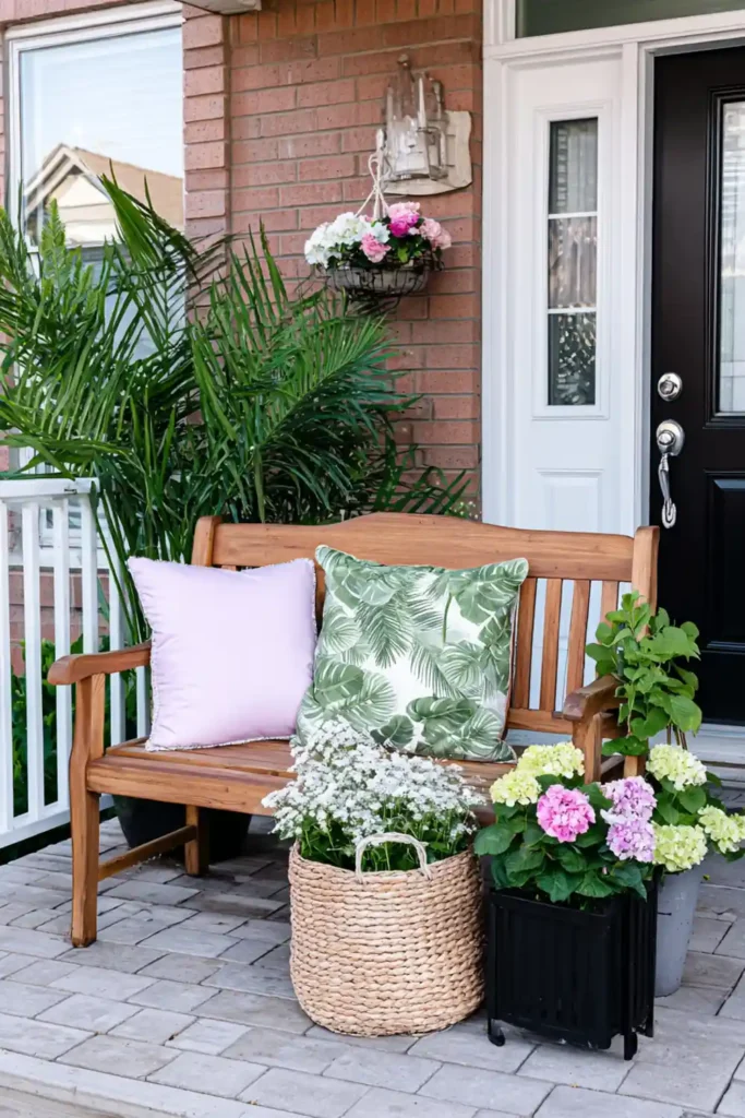 Simple wooden bench with cushion and planter creating a cozy porch vignette