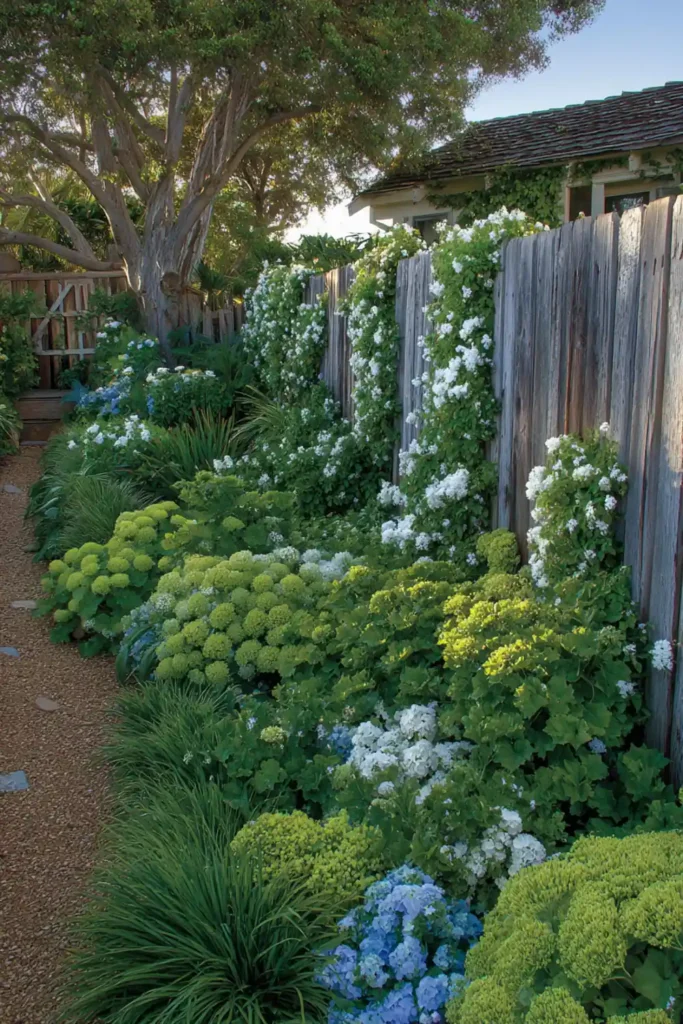 wooden garden fence covered with flowering vines and surrounding plants