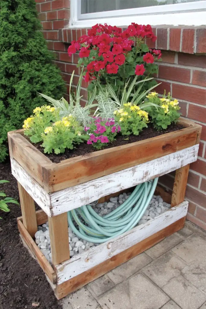 wooden planter box storing a garden hose with plants on top