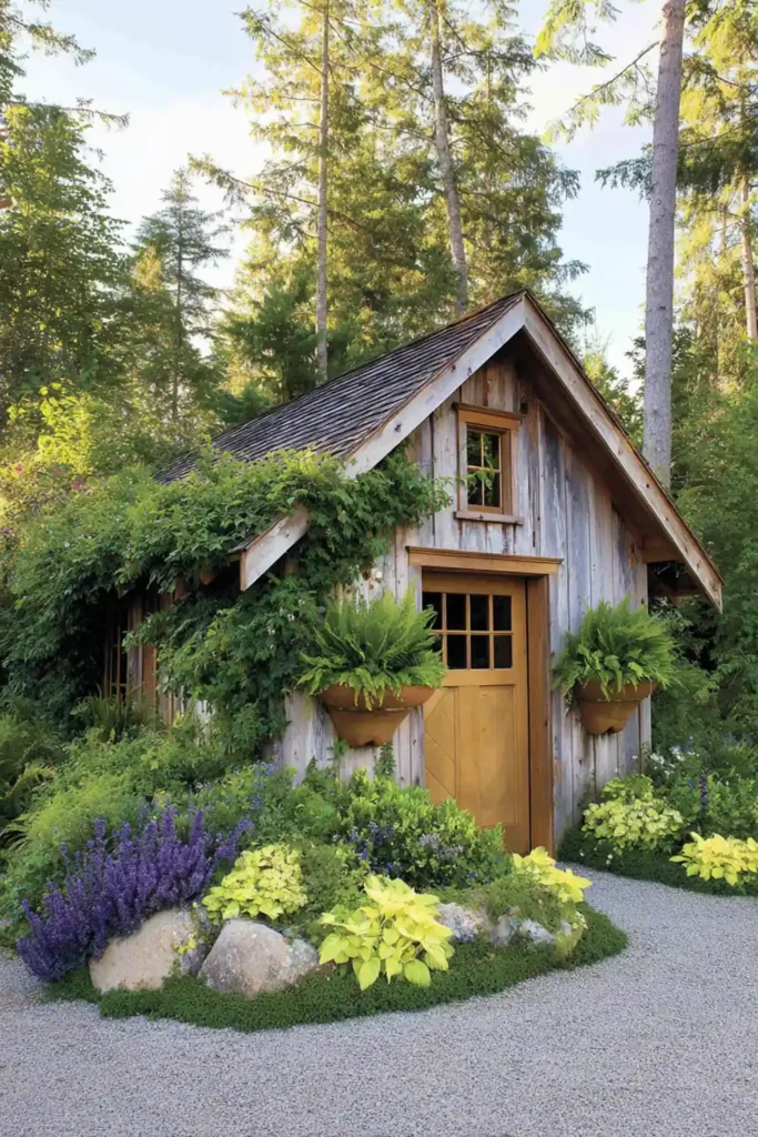 garden shed softened with climbing plants and wall planters filled with ferns