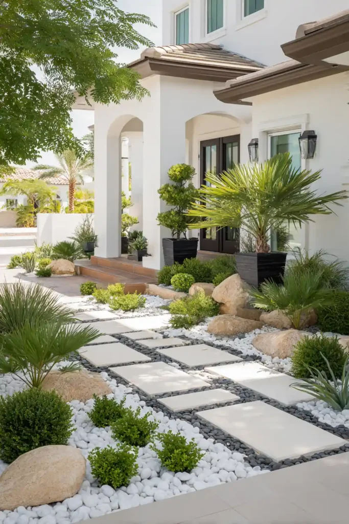 White Stone Landscaping Ideas for a Clean, Modern Outdoor Space 4 Modern geometric walkway with stepping stones and white pebbles
