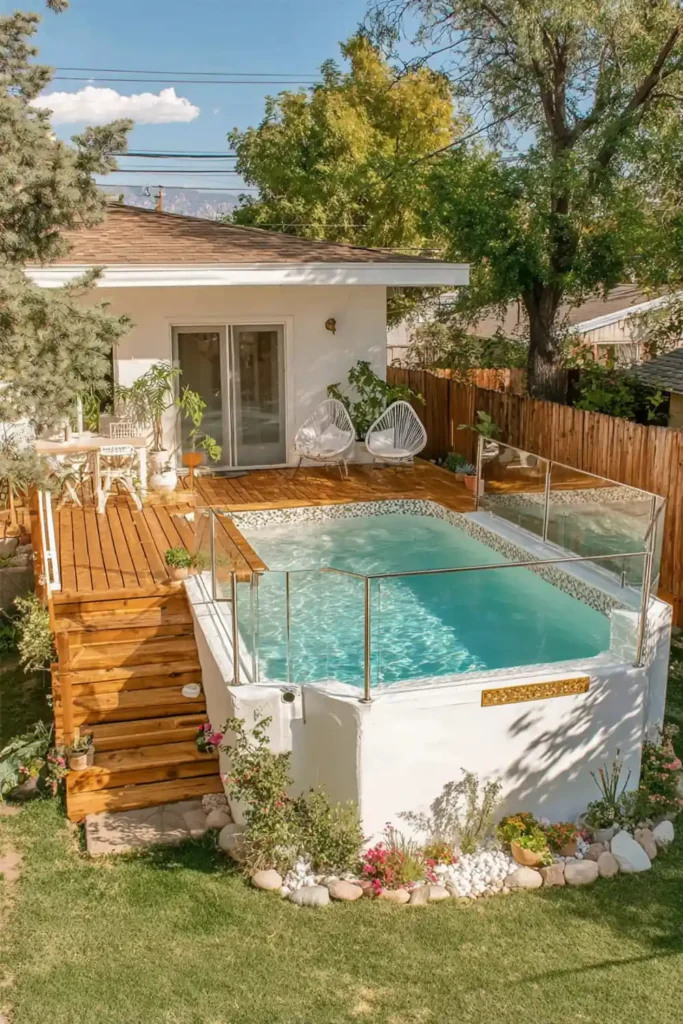 Pool entry with glass gate, mosaic tile accents, and subtle lighting