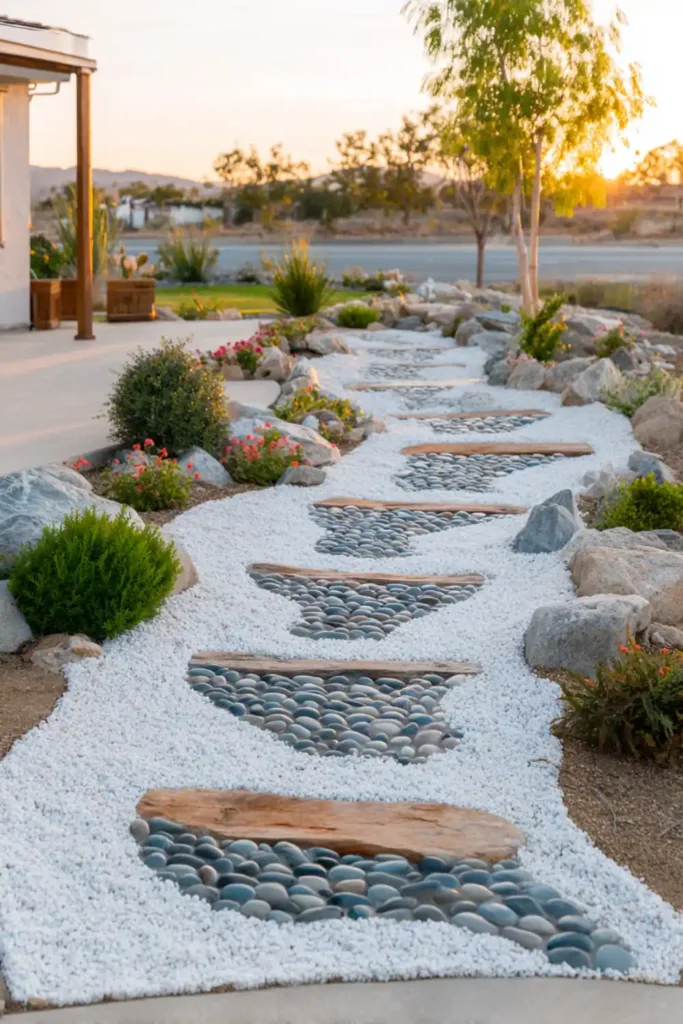White Stone Landscaping Ideas for a Clean, Modern Outdoor Space 28 White gravel pathway with subtle glow stones at night