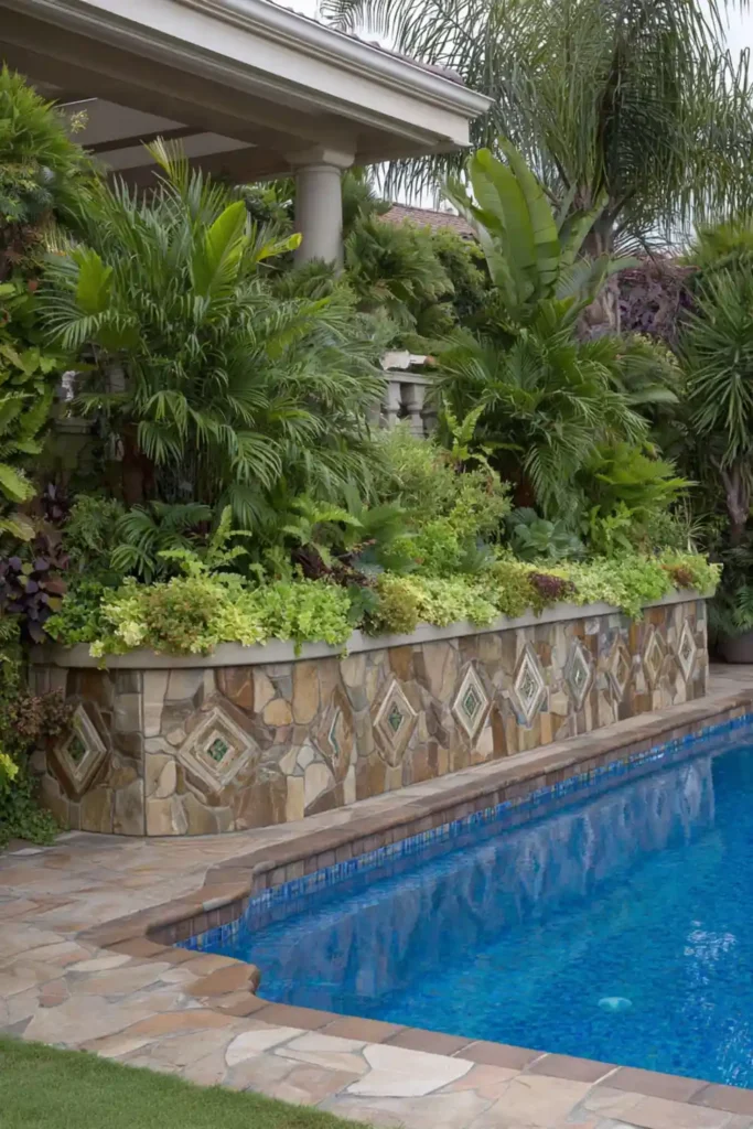 Above Ground Pool Retaining Wall Ideas That Make Your Backyard Feel Finished 3 Above ground pool retaining wall with planters and tropical greenery creating a lush border