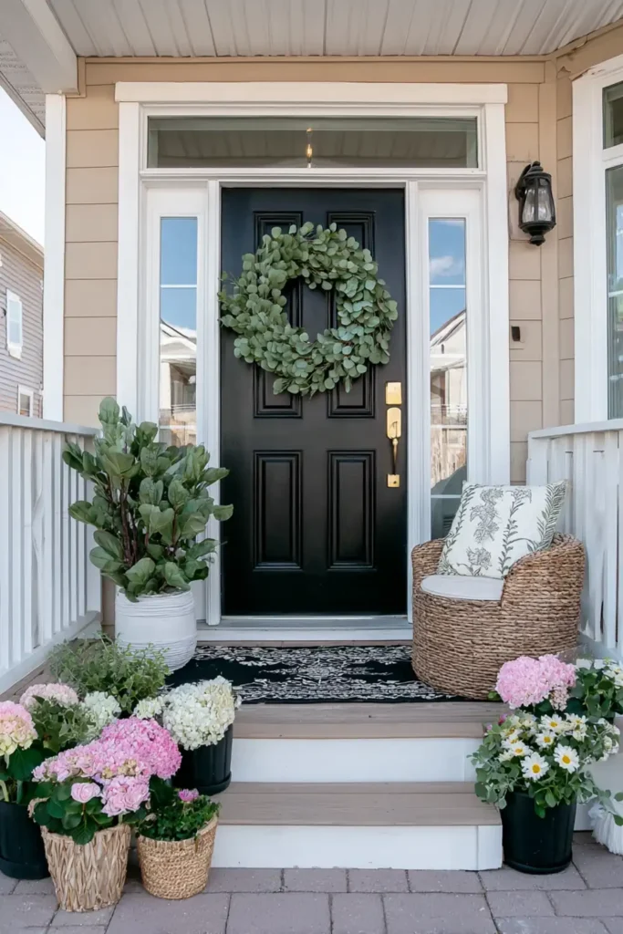 Simple green eucalyptus wreath on a neutral front door with minimal porch decor