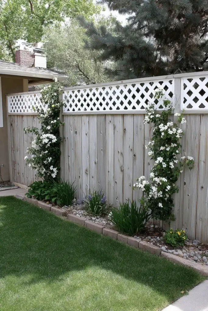 33 Privacy Fence Ideas That Make Your Yard Feel More Peaceful 17 Grey wood privacy fence panels with decorative white lattice topper