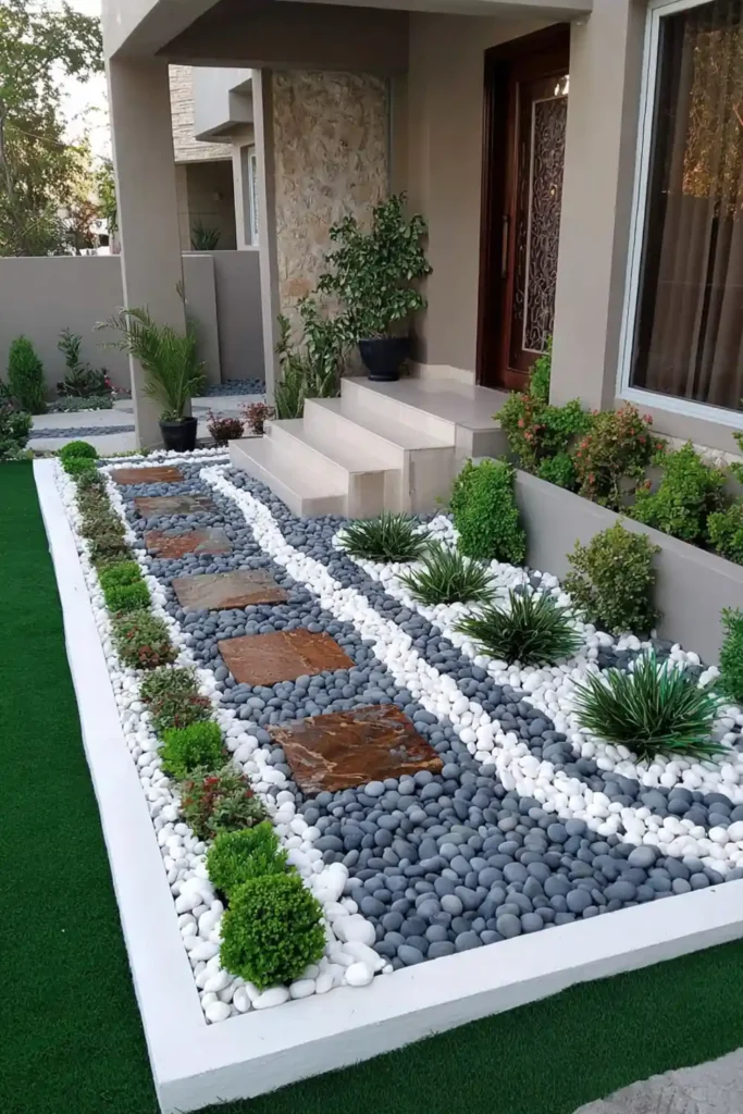 Monochrome edge garden with grey pebbles and stone pavers along a house exterior