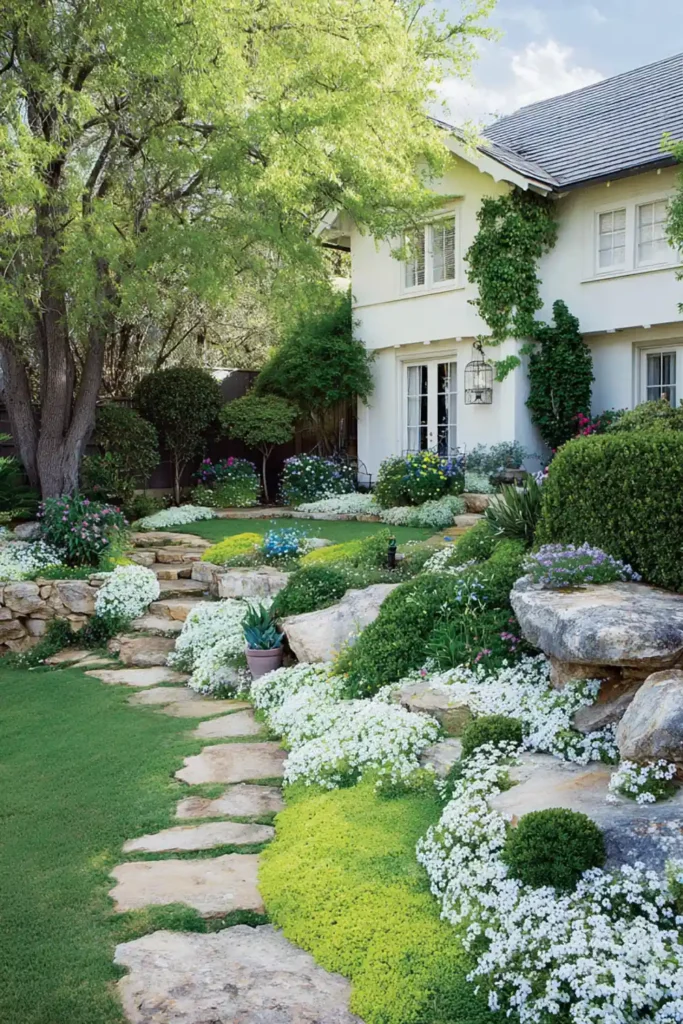 sloped backyard covered with creeping phlox ground cover instead of grass
