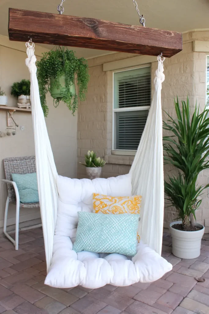 Creative Patio and Porch Decorations to Make Your Outdoor Space Feel Like Home 7 cozy hammock swing on patio with cushion and plant
