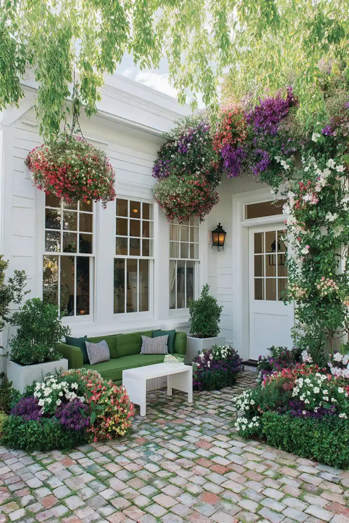 garden patio with hanging baskets and elevated planter with colorful plants