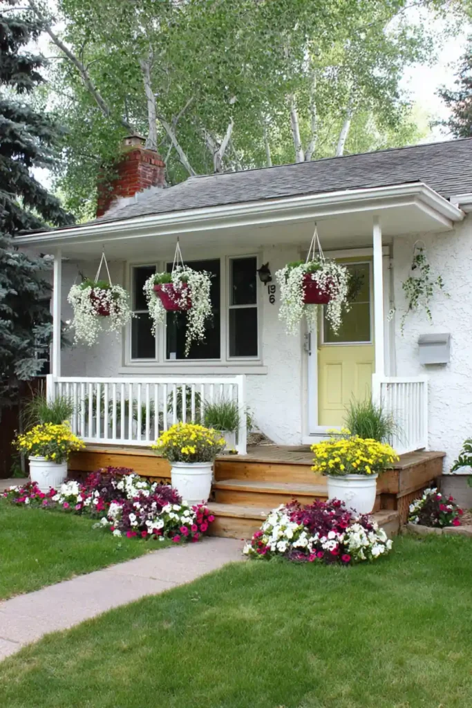 hanging flower baskets under roof eaves adding color to a front yard
