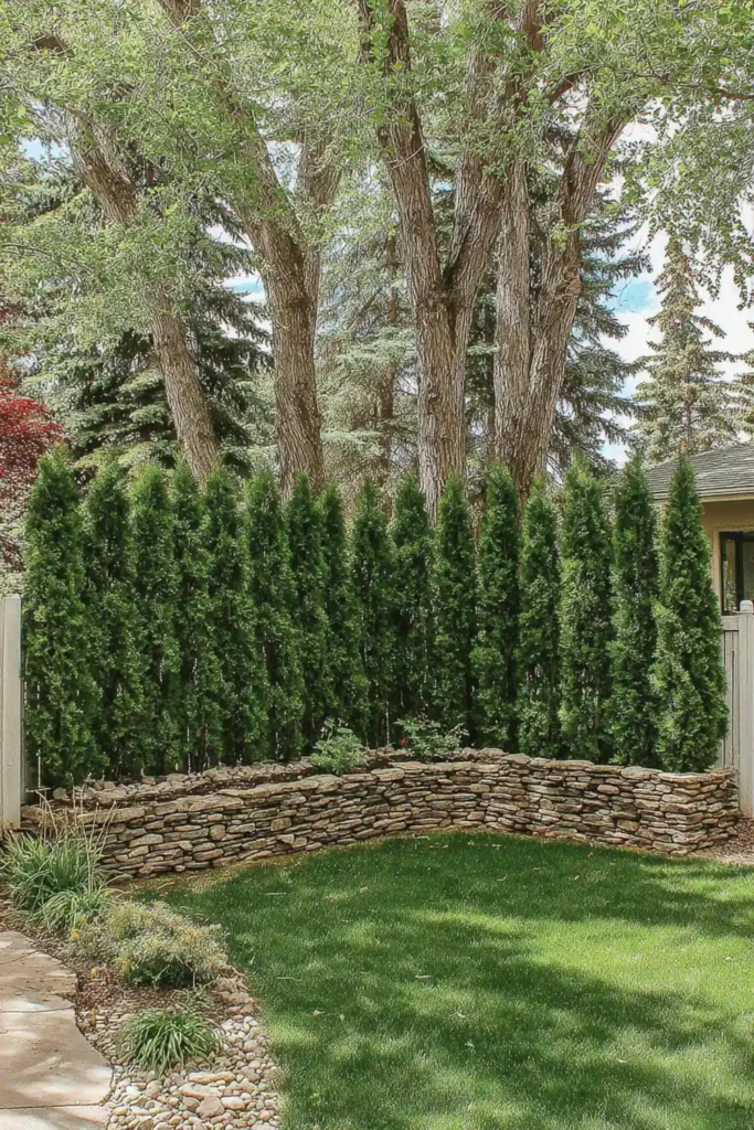 33 Privacy Fence Ideas That Make Your Yard Feel More Peaceful 33 Stone wall with tall hedge behind it forming a layered backyard privacy fence