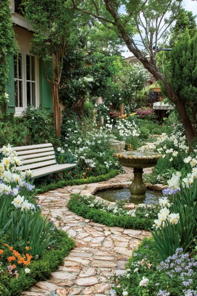 hidden garden seating area with fountain and surrounding plants