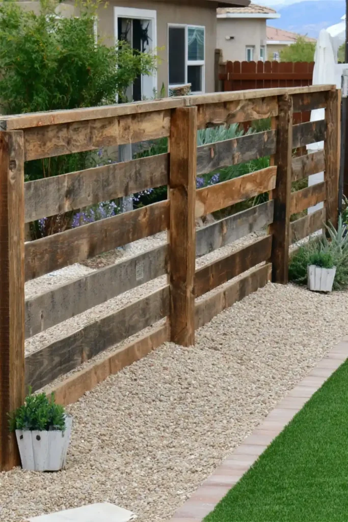 33 Privacy Fence Ideas That Make Your Yard Feel More Peaceful 21 Horizontal staggered wood fence with layered boards creating a shadow box design
