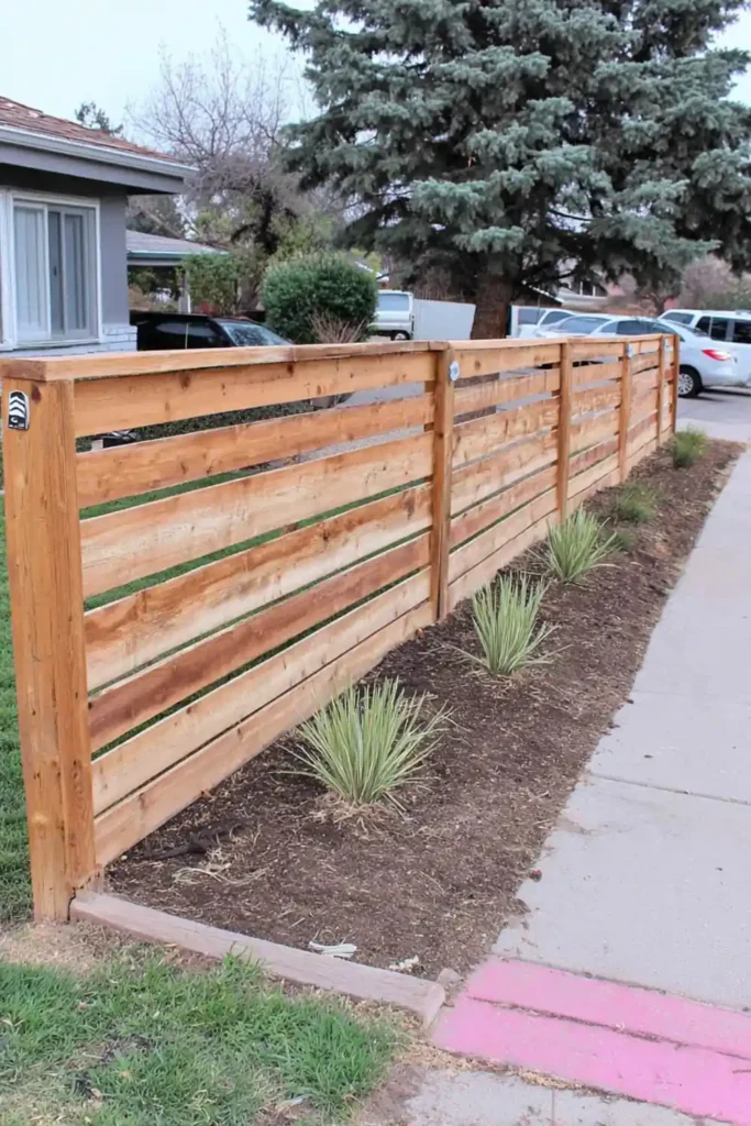 33 Privacy Fence Ideas That Make Your Yard Feel More Peaceful 22 Horizontal wood privacy fence with warm honey stain and ornamental grasses along the base