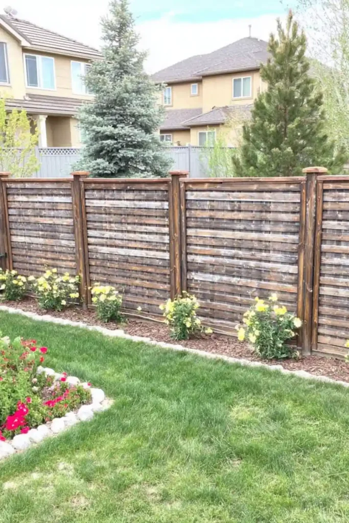 33 Privacy Fence Ideas That Make Your Yard Feel More Peaceful 23 Horizontal wood weave fence with basket pattern design in a backyard