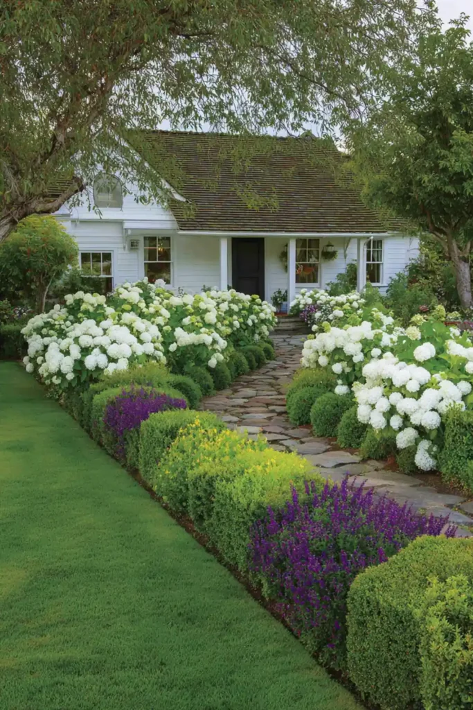 front yard landscaping with hydrangeas and boxwood hedges beside a walkway