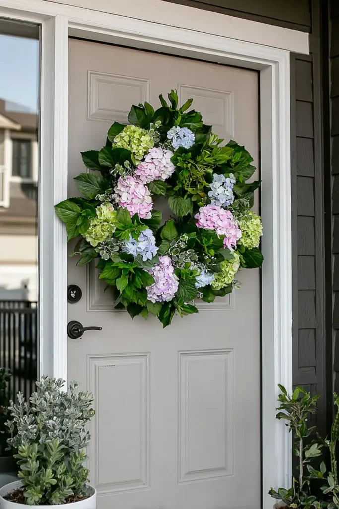 Soft blue hydrangea wreath on a painted front door in natural daylight