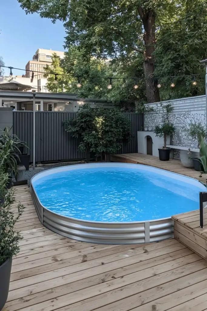galvanized stock tank pool in a small urban backyard with string lights