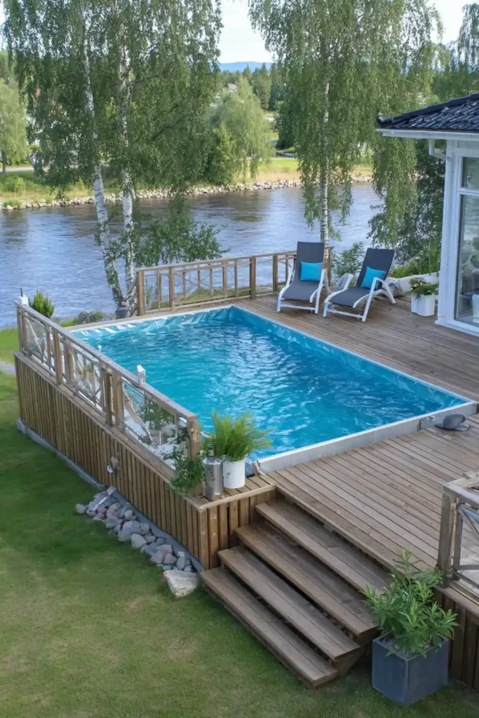 above ground pool on a raised deck with a view creating an infinity edge effect