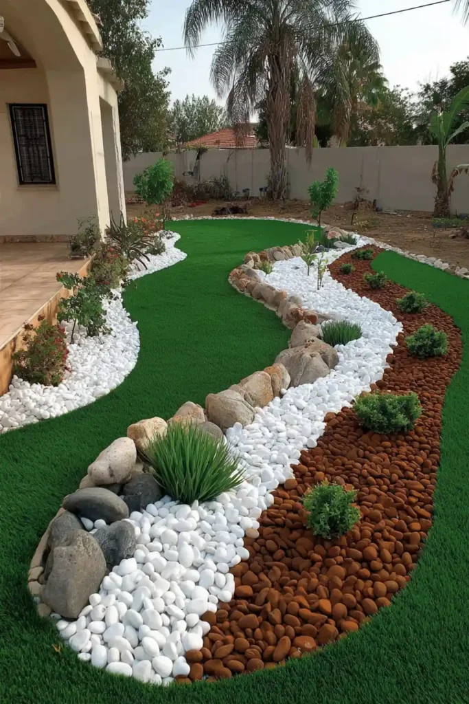 Kidney-shaped pebble garden bed with soft curves and two-tone stones in a lawn