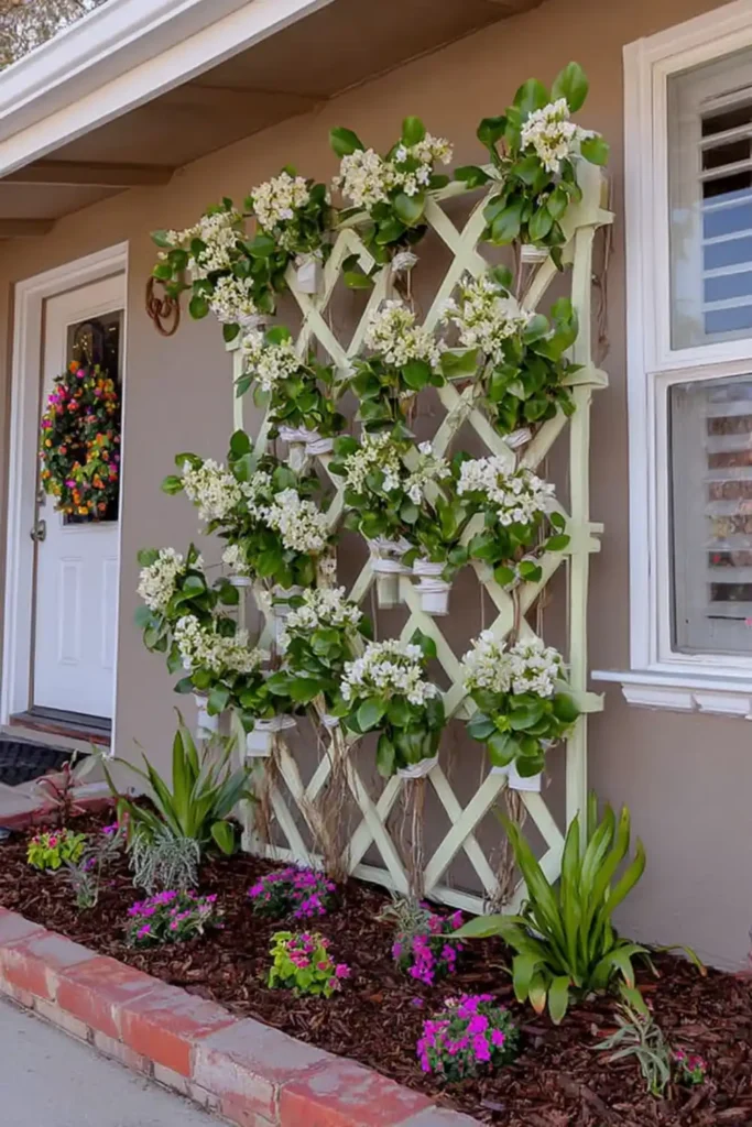 wooden trellis with climbing flowering vines on a home exterior
