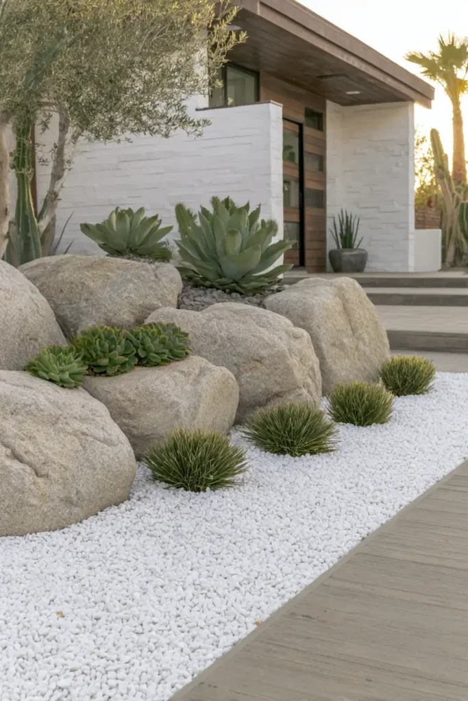White Stone Landscaping Ideas for a Clean, Modern Outdoor Space 5 Layered rock garden with white gravel, succulents, and natural stones