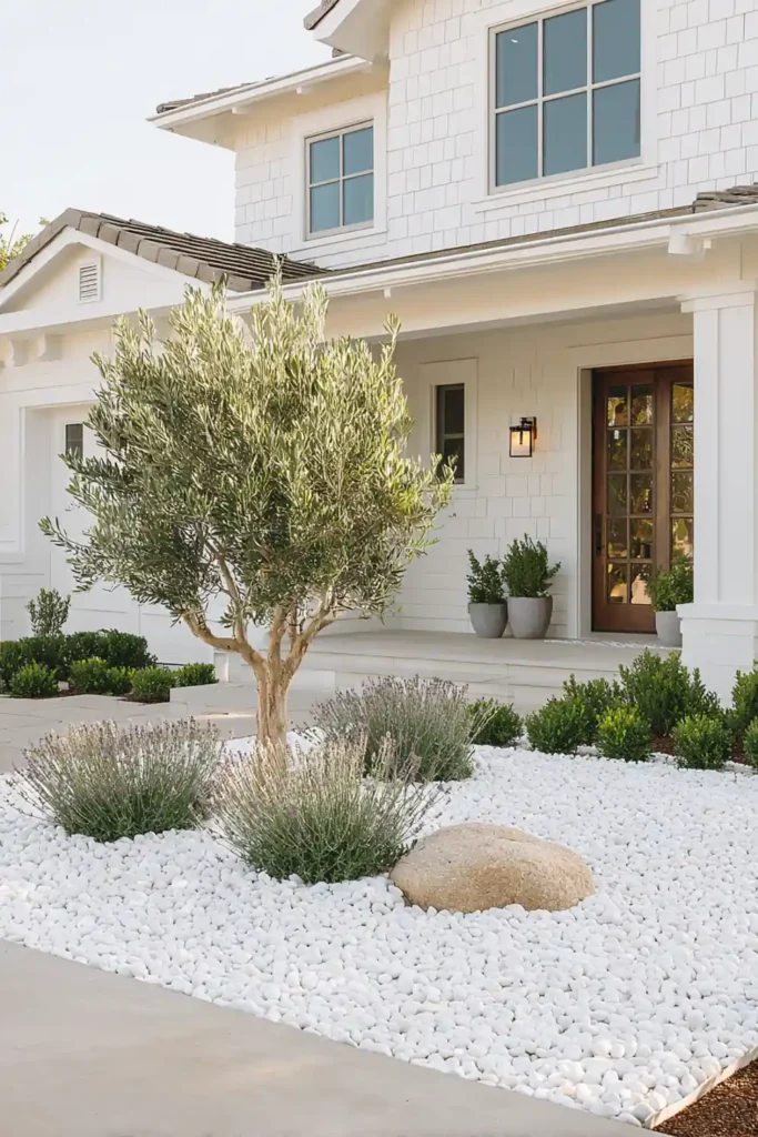 White Stone Landscaping Ideas for a Clean, Modern Outdoor Space 6 White gravel garden with olive tree and lavender in a Mediterranean style