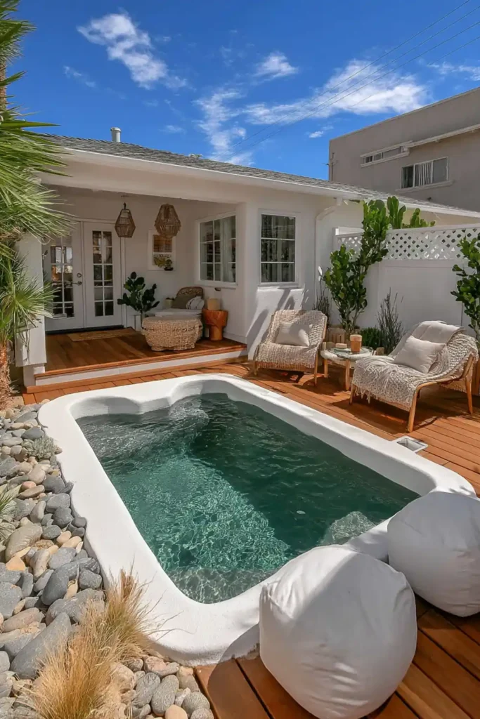Decorative metal privacy panels with geometric patterns beside a pool